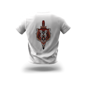 White t-hsirt with silk printing stamp shows a wild bear and a ritual sword.