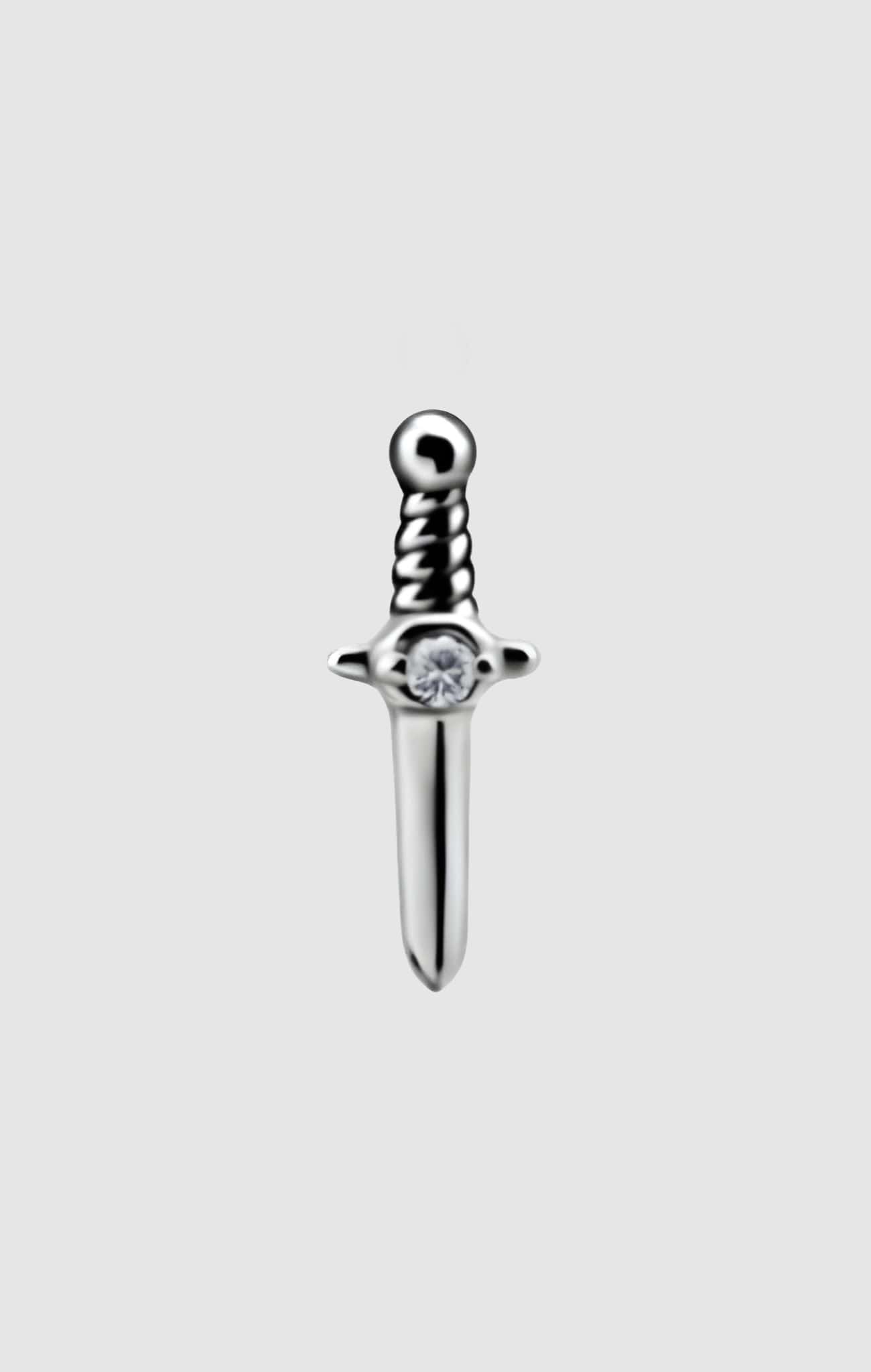 Dagger Zirconia Earring crafted from titanium with a white zirconia stone, suitable for tragus, lobe, helix, forward helix, and medusa piercings.