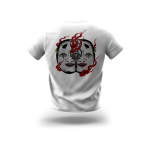White t-hsirt with silk printing stamp shows an Oni a demon from Japanese culture.