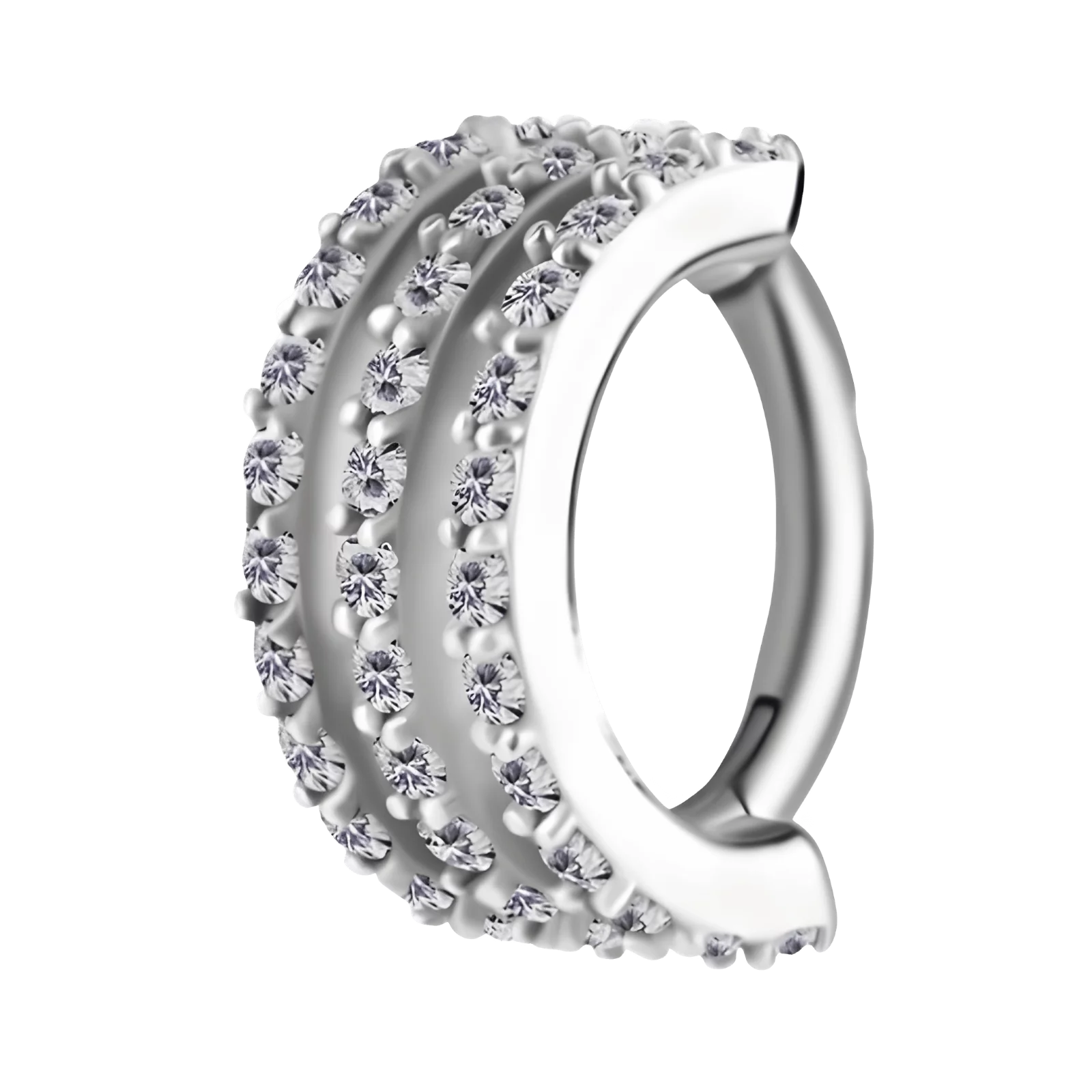 "Aura Zones clicker earring made from titanium with white zirconia stones, suitable for rook piercings."