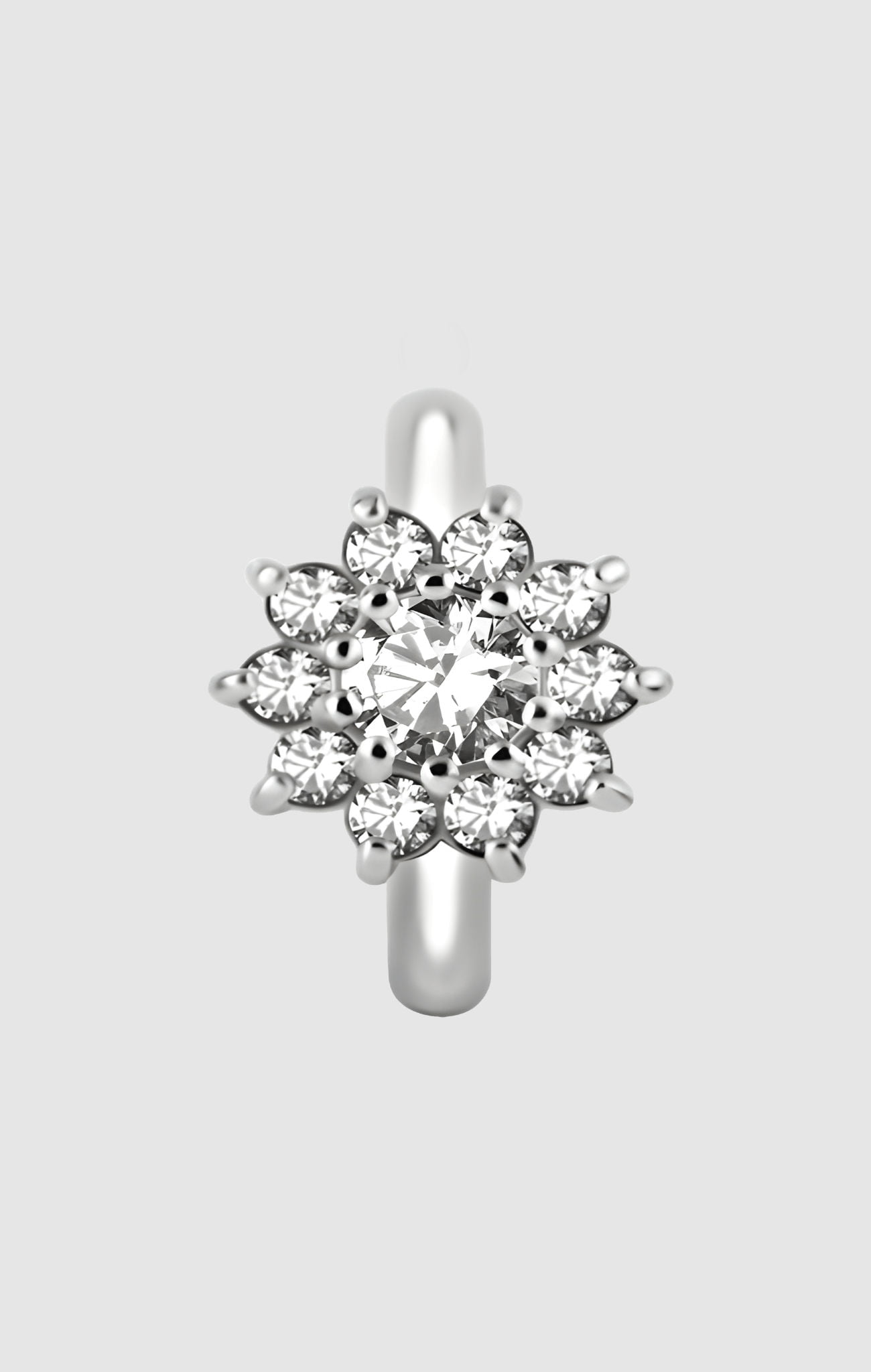 Celestial Flower navel clicker earring made from titanium with white zirconia stones, suitable for navel piercings."