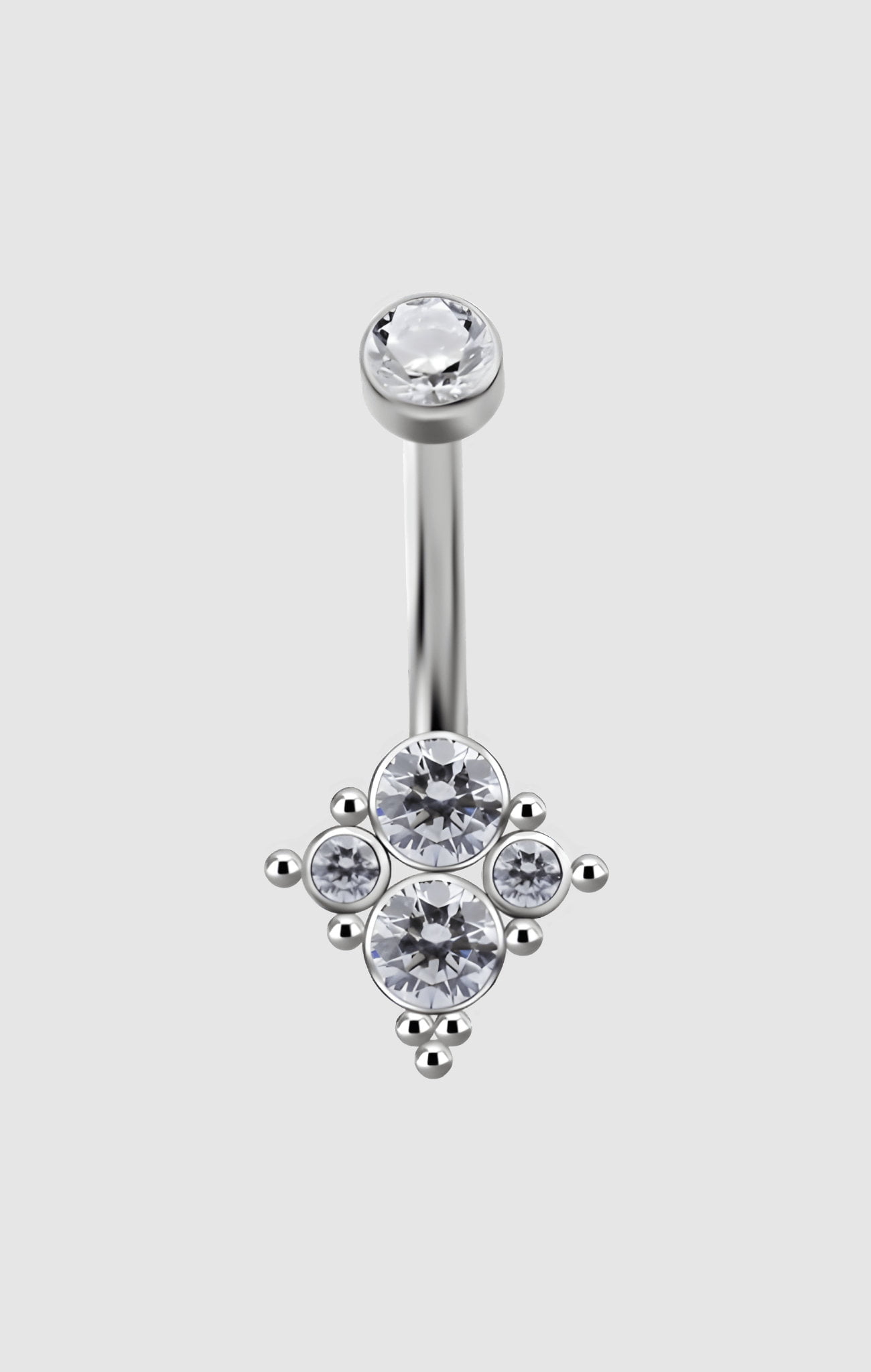Star Belly navel barbell made from titanium with white zirconia stones, suitable for initial or upgraded navel piercings.
