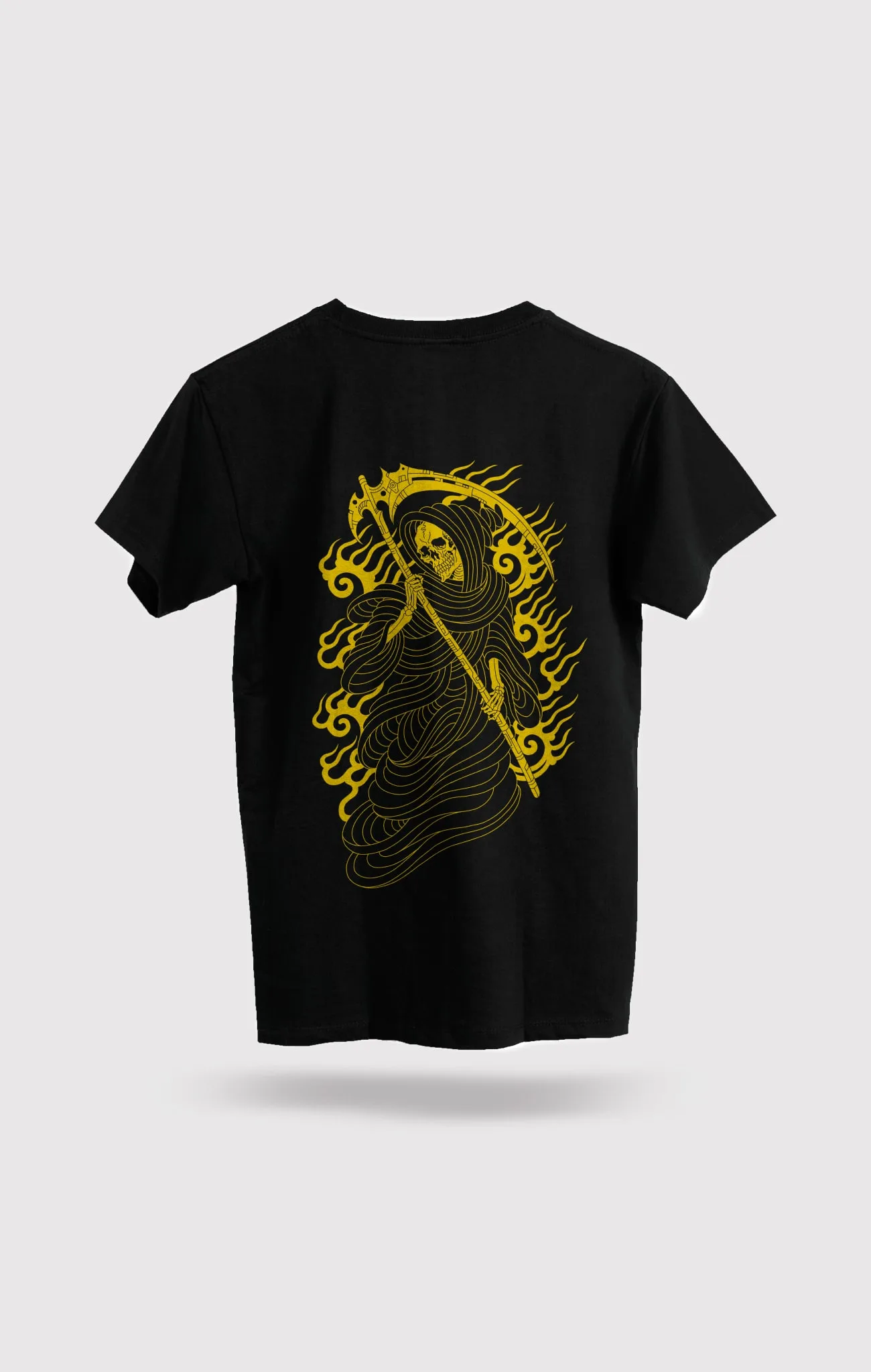 Black t-shirt with yellow hand draw death figure